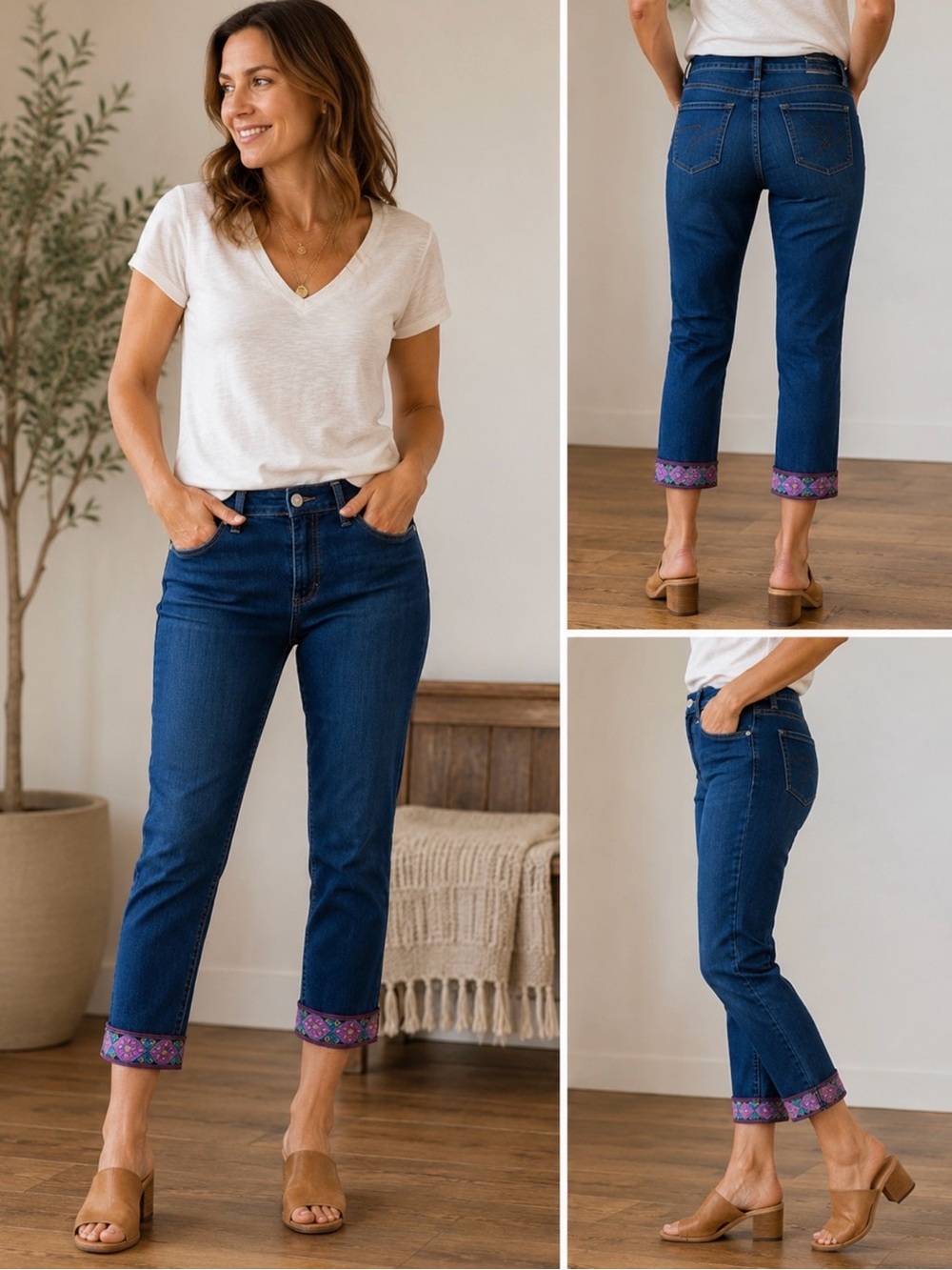 Seven7 Indigo Skinny Jeans with Pink & Teal Embroidered Cuff